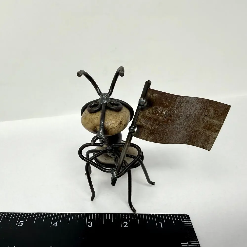 Vintage Metal Ant Sculpture Pebble Stone Folk Art Desk Decor Rustic Rare